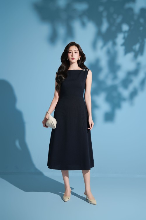 Sixdo Navy Raw Flared Dress